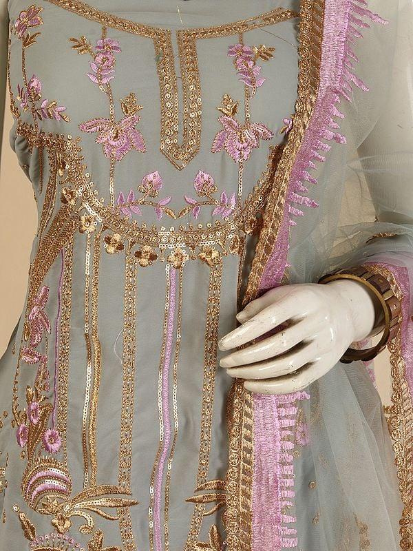 Exotic India Storm-Gray Georgette Salwar Kameez Fabric With Net Dupatta And All-Over Zari & Sequins Embroidery 