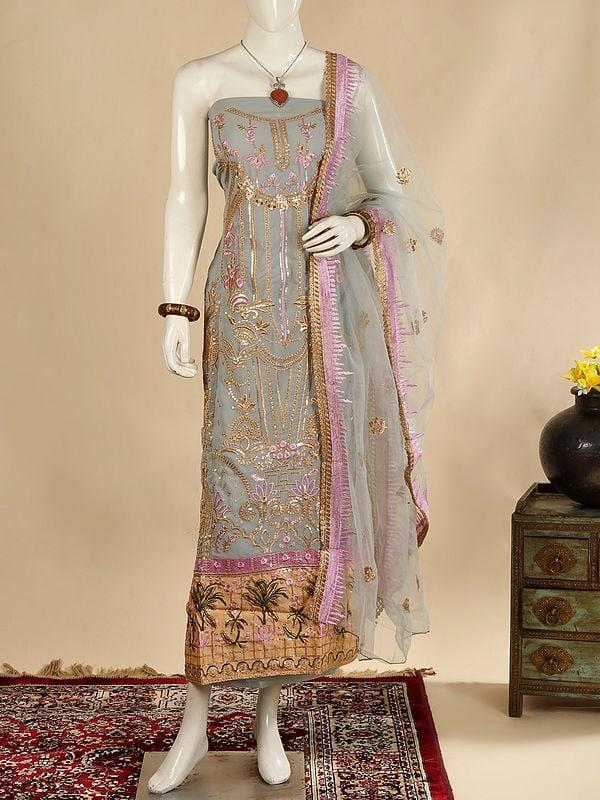 exotic india Storm-Gray Georgette Salwar Kameez Fabric with Net Dupatta and All-Over Zari & Sequins Embroidery 