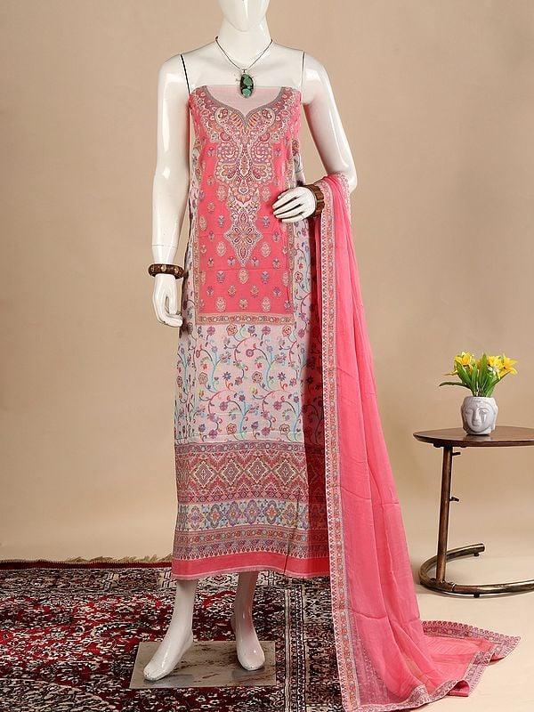 Exotic India Strawberry-Pink Kani Jamawar Three-Piece Salwar Kameez Fabric From Amritsar With Dupatta And Woven Flowers 