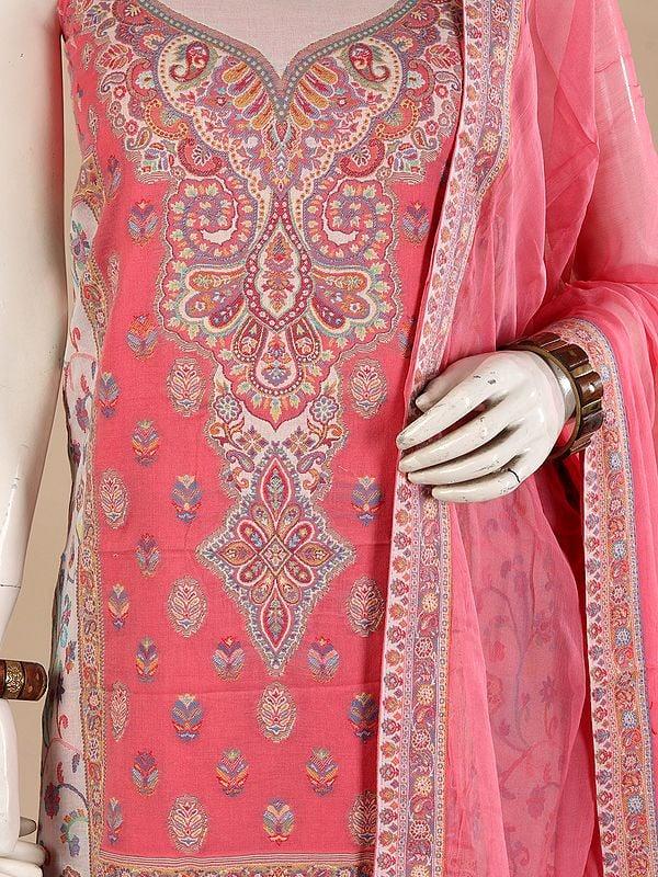 Exotic India Strawberry-Pink Kani Jamawar Three-Piece Salwar Kameez Fabric From Amritsar With Dupatta And Woven Flowers 