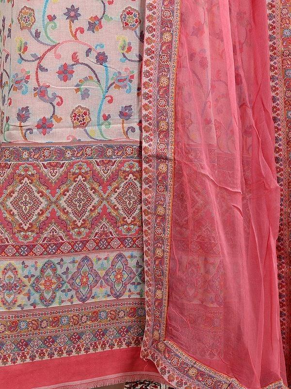 Exotic India Strawberry-Pink Kani Jamawar Three-Piece Salwar Kameez Fabric From Amritsar With Dupatta And Woven Flowers 