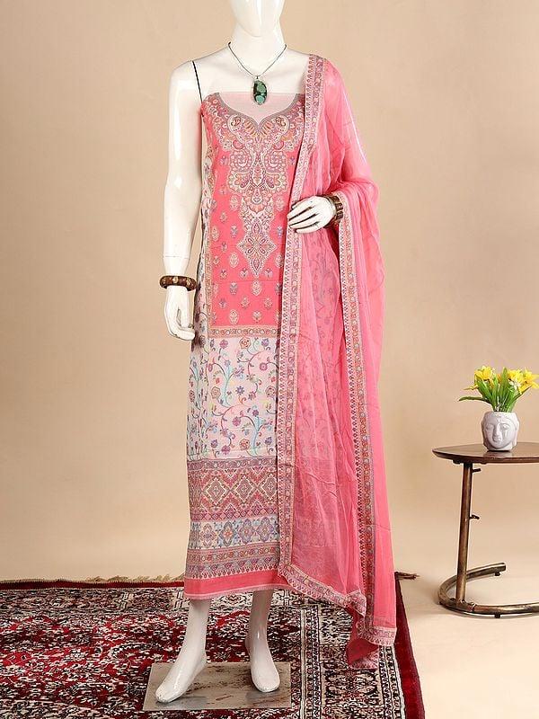 exotic india Strawberry-Pink Kani Jamawar Three-Piece Salwar Kameez Fabric from Amritsar with Dupatta and Woven Flowers 