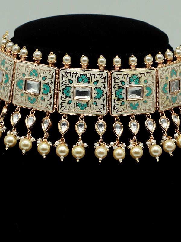 Exotic India Studded Choker Set With Earrings And Drops Beads