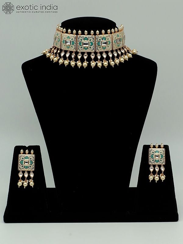 exotic india Studded Choker Set With Earrings And Drops Beads 