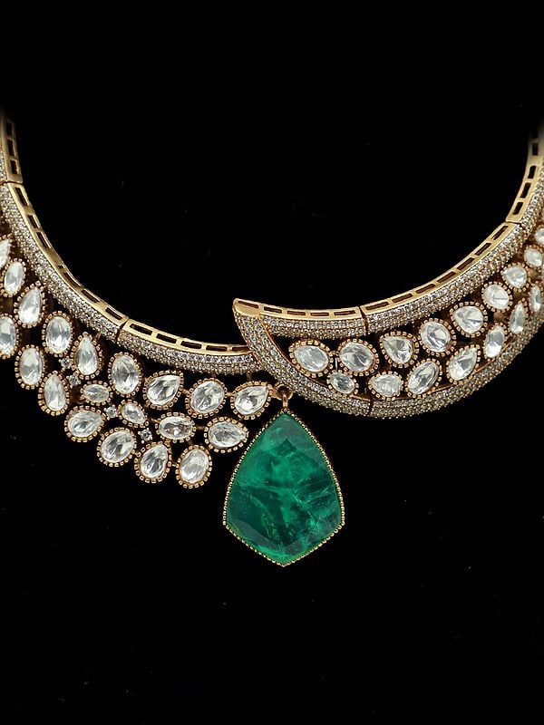 Exotic India Studded Moissanite Kundan With Matt Polish Fancy Design Necklace With Beautiful Earrings 