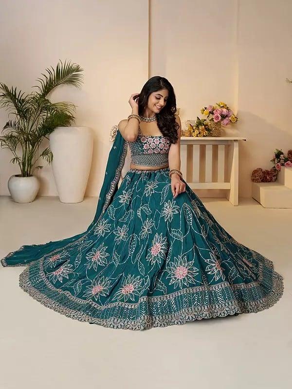 Exotic India Stunning All Over Floral Thread And Sequins Work Wedding Wear Satin Silk Lehenga Choli With Matching Dupatta 