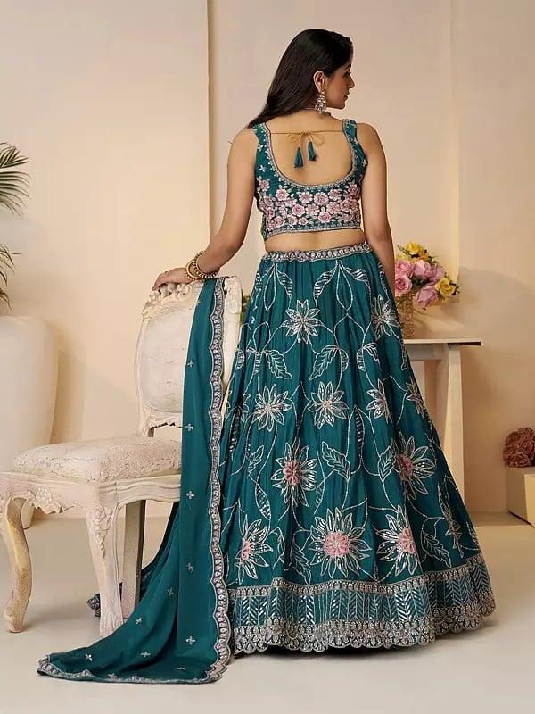 Exotic India Stunning All Over Floral Thread And Sequins Work Wedding Wear Satin Silk Lehenga Choli With Matching Dupatta 
