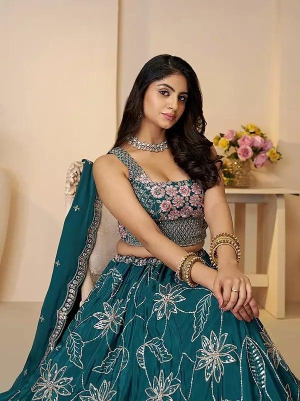 Exotic India Stunning All Over Floral Thread And Sequins Work Wedding Wear Satin Silk Lehenga Choli With Matching Dupatta 