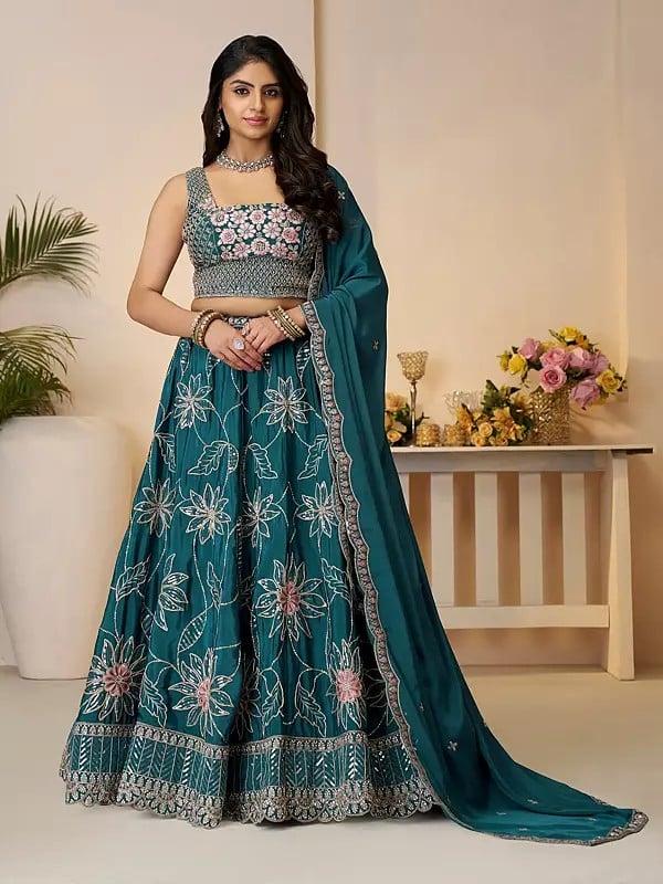 exotic india Stunning All Over Floral Thread And Sequins Work Wedding Wear Satin Silk Lehenga Choli With Matching Dupatta 