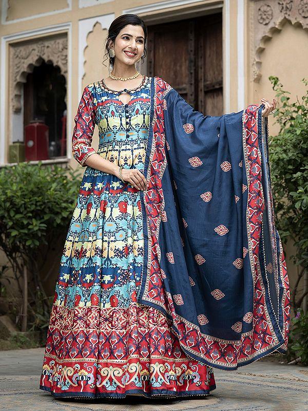 Exotic India Stunning Digital Print And Flared Soft Dola Silk Wedding Wear Anarkali Gown With Chinon Dupatta