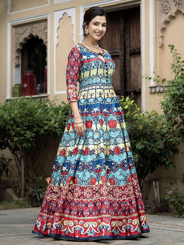 Exotic India Stunning Digital Print And Flared Soft Dola Silk Wedding Wear Anarkali Gown With Chinon Dupatta