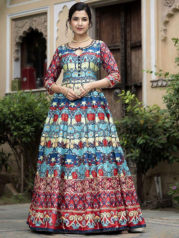 Exotic India Stunning Digital Print And Flared Soft Dola Silk Wedding Wear Anarkali Gown With Chinon Dupatta