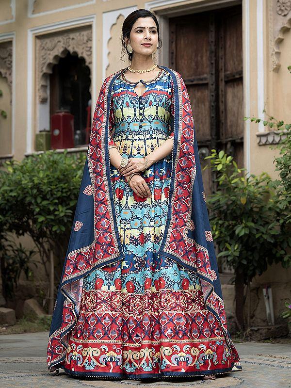 exotic india Stunning Digital Print And Flared Soft Dola Silk Wedding Wear Anarkali Gown With Chinon Dupatta 