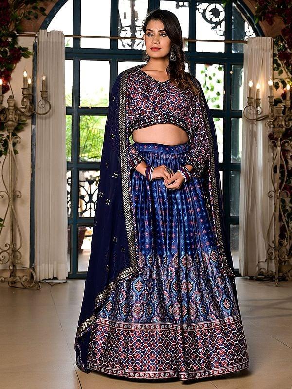 Exotic India Stunning Digital Print Festive Wear Satin Lehenga Choli With Sequins Work Georgette Dupatta 