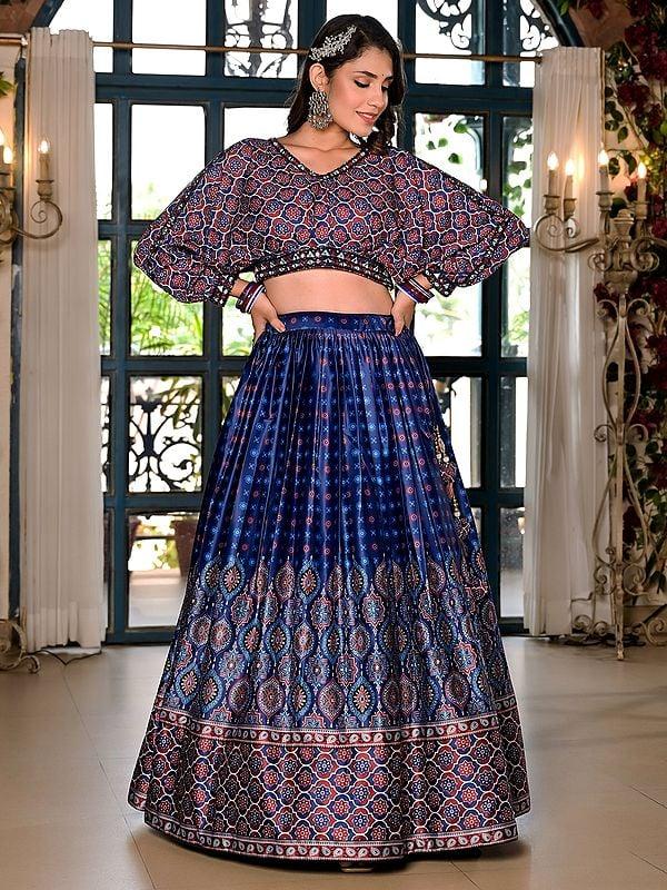 Exotic India Stunning Digital Print Festive Wear Satin Lehenga Choli With Sequins Work Georgette Dupatta 