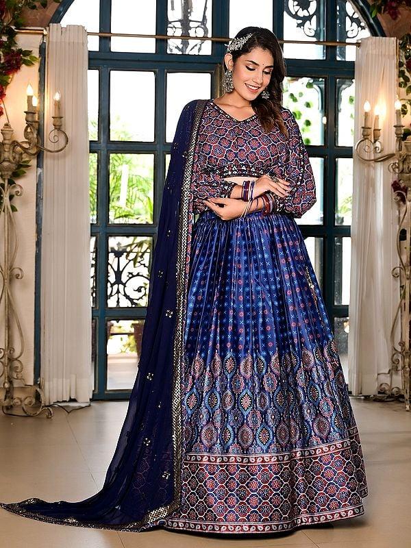 Exotic India Stunning Digital Print Festive Wear Satin Lehenga Choli With Sequins Work Georgette Dupatta 