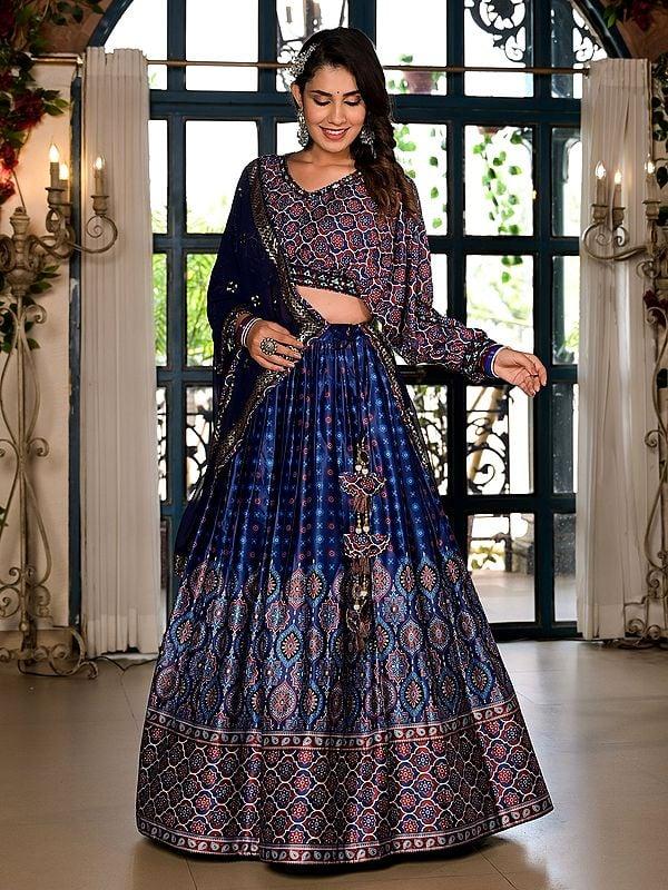 exotic india Stunning Digital Print Festive Wear Satin Lehenga Choli With Sequins Work Georgette Dupatta 