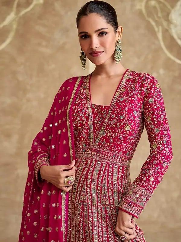 Exotic India Stunning Embellished Heavy Sequins And Embroidery Work Georgette Anarkali Gown With Matching Dupatta