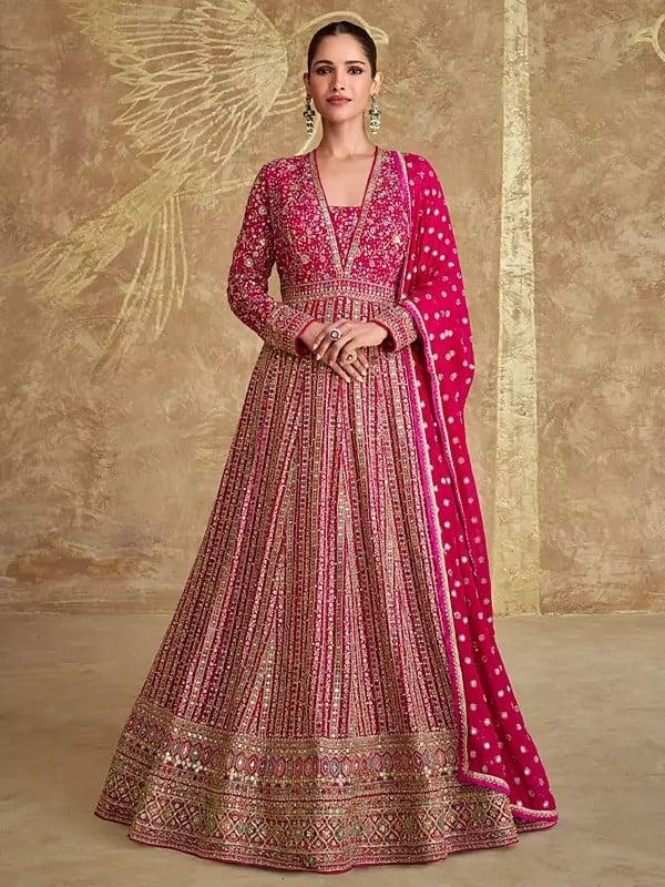 exotic india Stunning Embellished Heavy Sequins And Embroidery Work Georgette Anarkali Gown With Matching Dupatta 