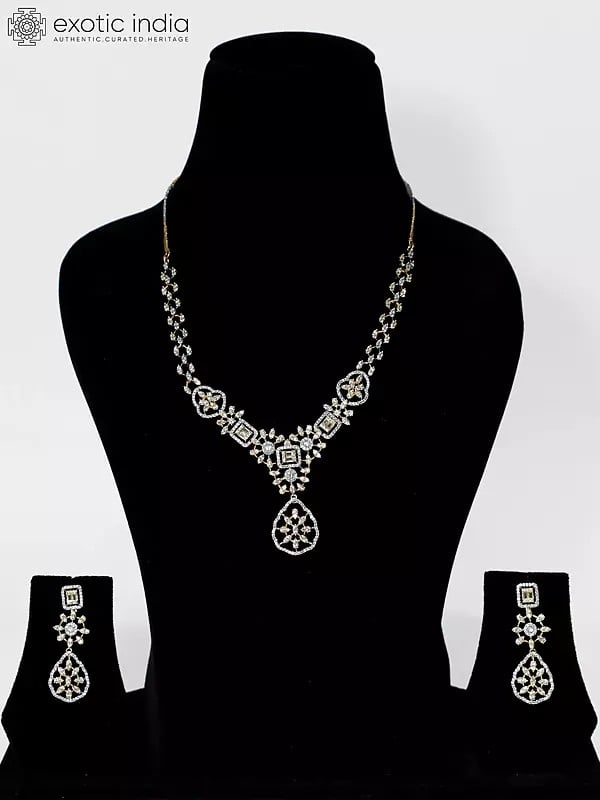 exotic india Stunning Floral Design Stone Studded American Diamond Necklace Set With Earrings