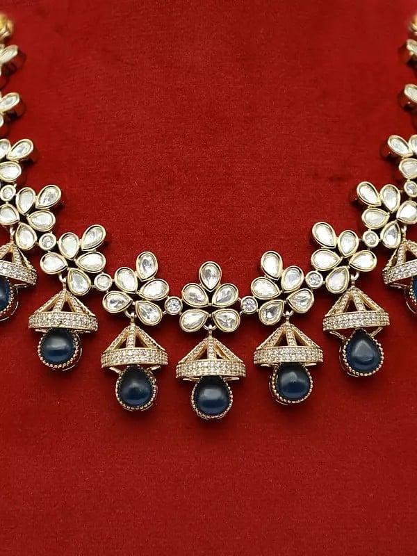 Exotic India Stunning Floral Design Stone Studded Moissanite Kundan With Monalisa Beads Necklace With Earrings