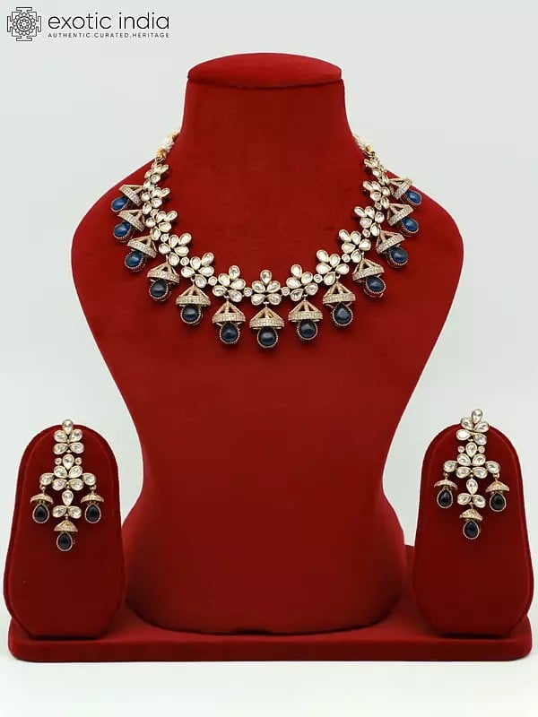 exotic india Stunning Floral Design Stone Studded Moissanite Kundan With Monalisa Beads Necklace With Earrings