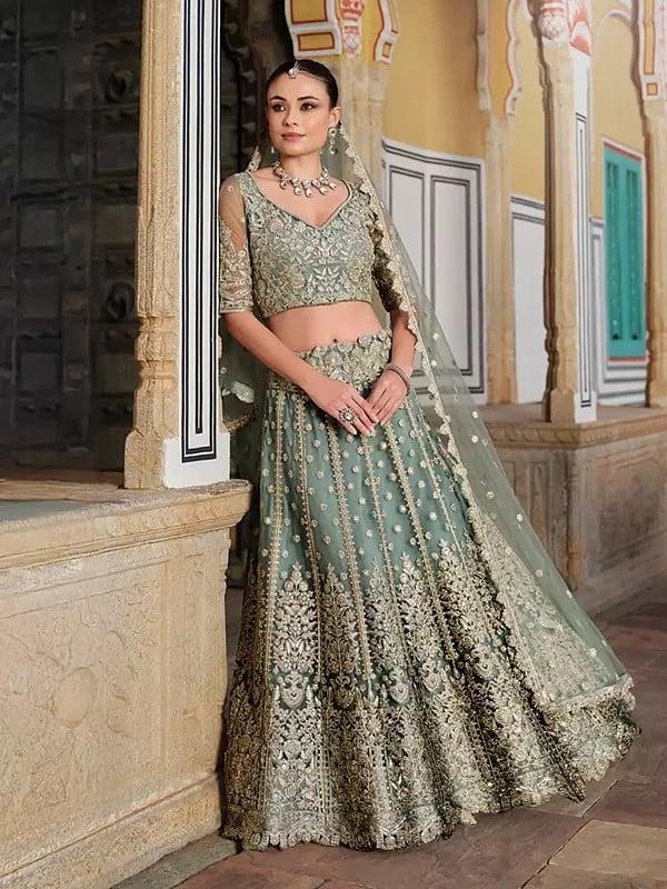 Exotic India Stunning Floral Embroidery And Sequins Work Net Lehenga Choli With Matching Dupatta 