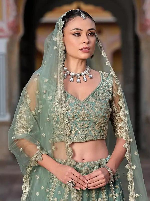 Exotic India Stunning Floral Embroidery And Sequins Work Net Lehenga Choli With Matching Dupatta 
