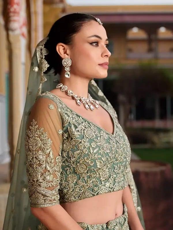 Exotic India Stunning Floral Embroidery And Sequins Work Net Lehenga Choli With Matching Dupatta 