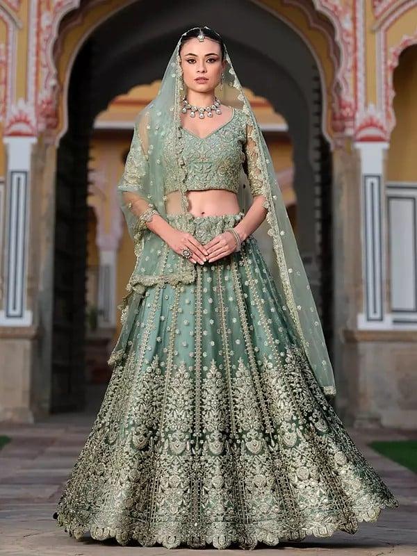 exotic india Stunning Floral Embroidery And Sequins Work Net Lehenga Choli With Matching Dupatta 