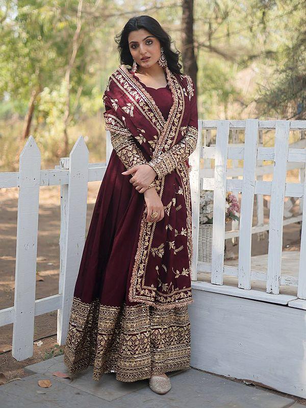 Exotic India Stunning Georgette Sequins And Embroidery Work Party Wear Gown With Matching Dupatta