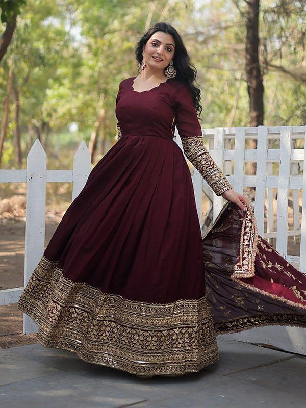 Exotic India Stunning Georgette Sequins And Embroidery Work Party Wear Gown With Matching Dupatta