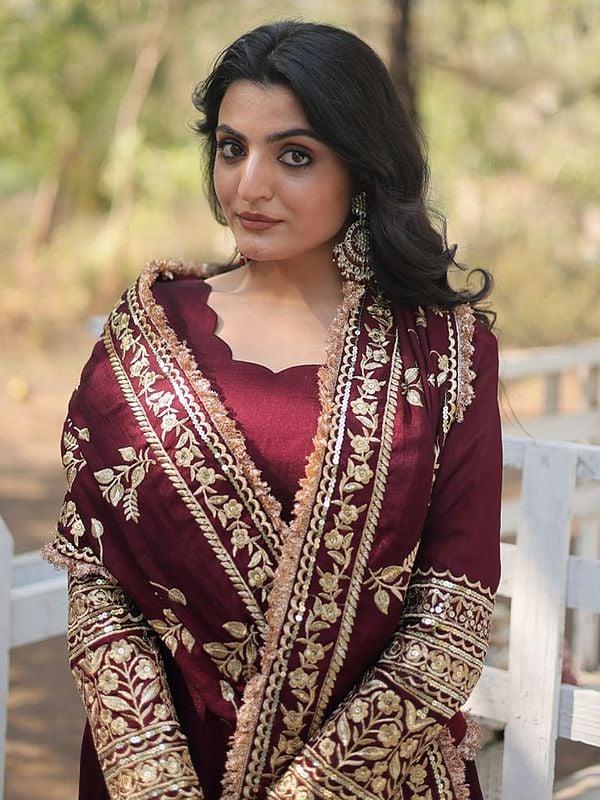 Exotic India Stunning Georgette Sequins And Embroidery Work Party Wear Gown With Matching Dupatta