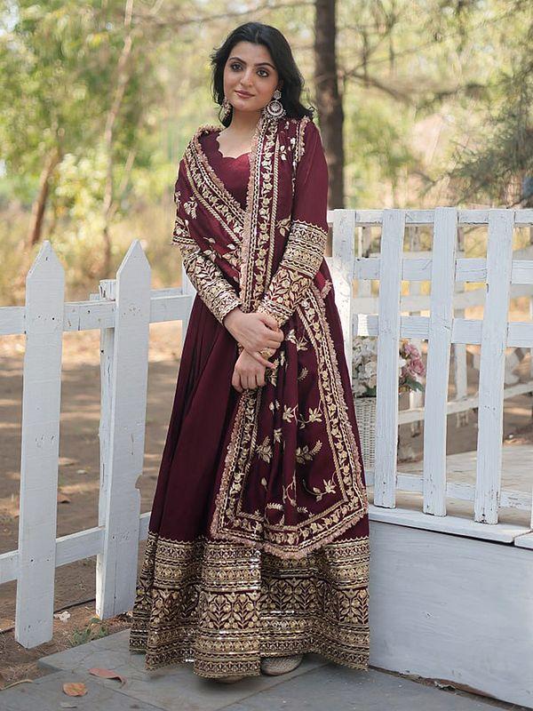 exotic india Stunning Georgette Sequins And Embroidery Work Party Wear Gown With Matching Dupatta 