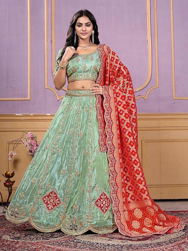 Exotic India Stunning Gotta Patti With Sequins Work Pure Cosmos Viscose Lehenga Choli With Dupatta