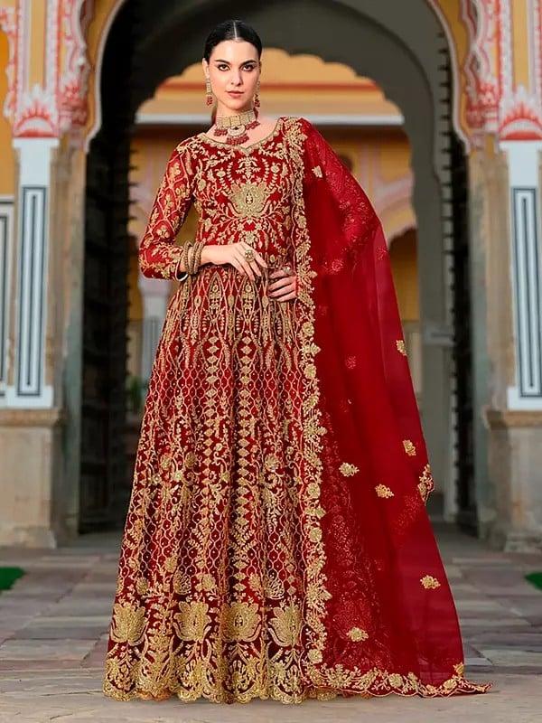 Exotic India Stunning Heavy Embroidery Work Festive Wear Net Anarkali Gown With Matching Dupatta 