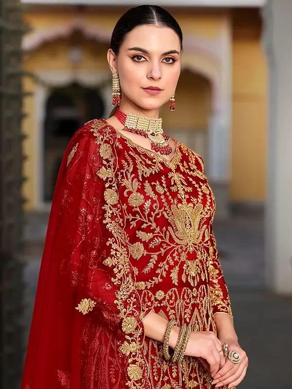 Exotic India Stunning Heavy Embroidery Work Festive Wear Net Anarkali Gown With Matching Dupatta 
