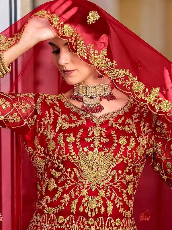Exotic India Stunning Heavy Embroidery Work Festive Wear Net Anarkali Gown With Matching Dupatta 