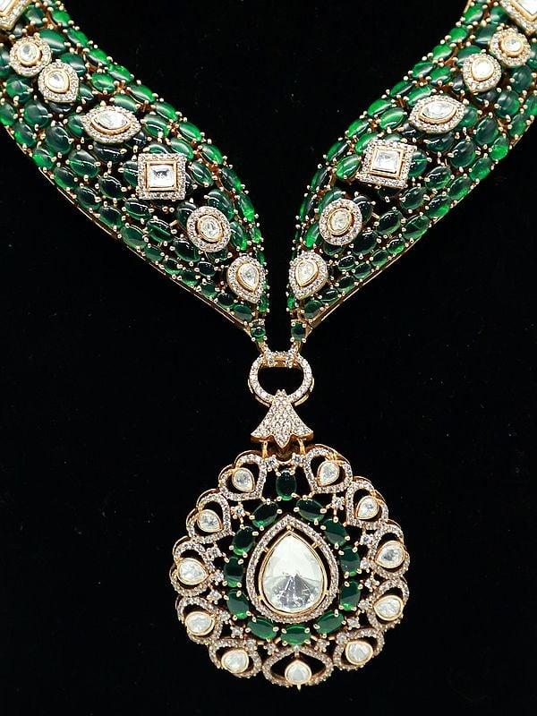 Exotic India Stunning Moissanite Kundan With Matt Polish Stone Studded Necklace With Teardrop Earrings
