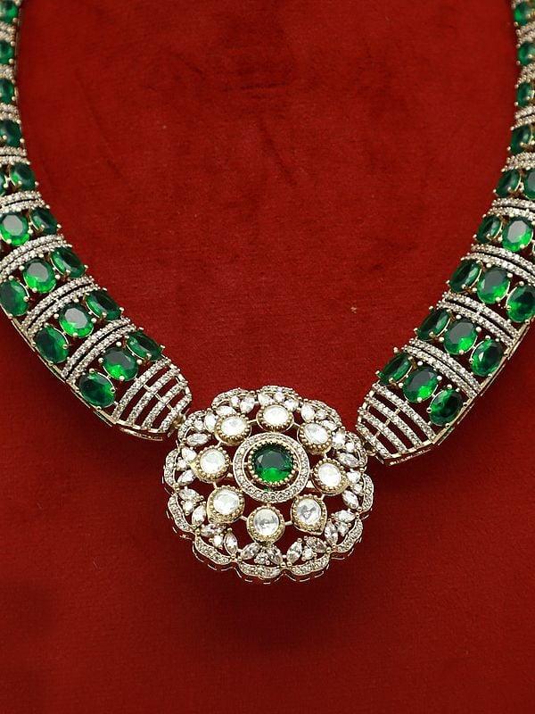Exotic India Stunning Moissanite Kundan With Matt Polish Studded Necklace With Earrings 