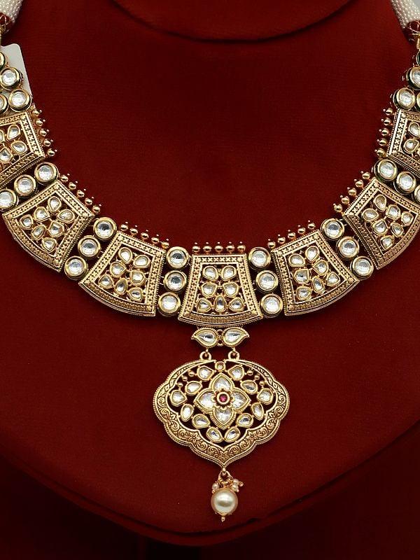 Exotic India Stunning Pearl And Kundan Necklace Set With Earrings