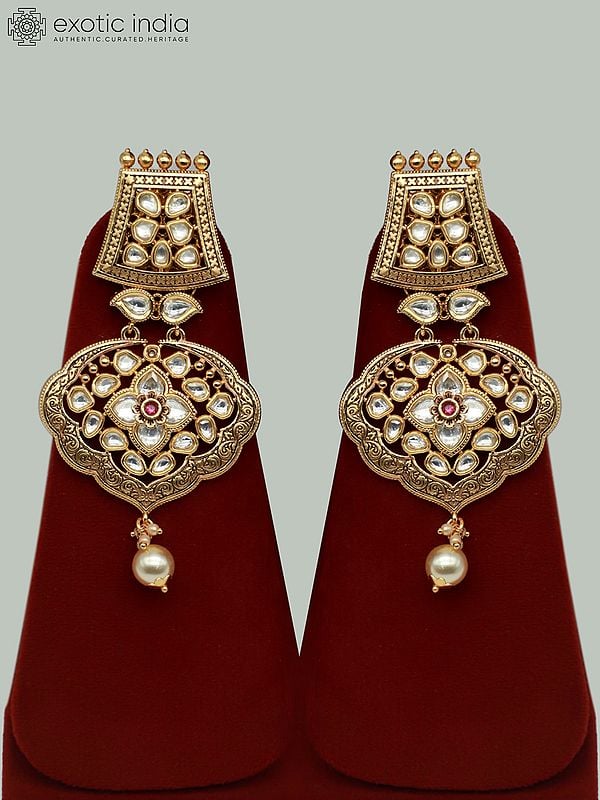 Exotic India Stunning Pearl And Kundan Necklace Set With Earrings