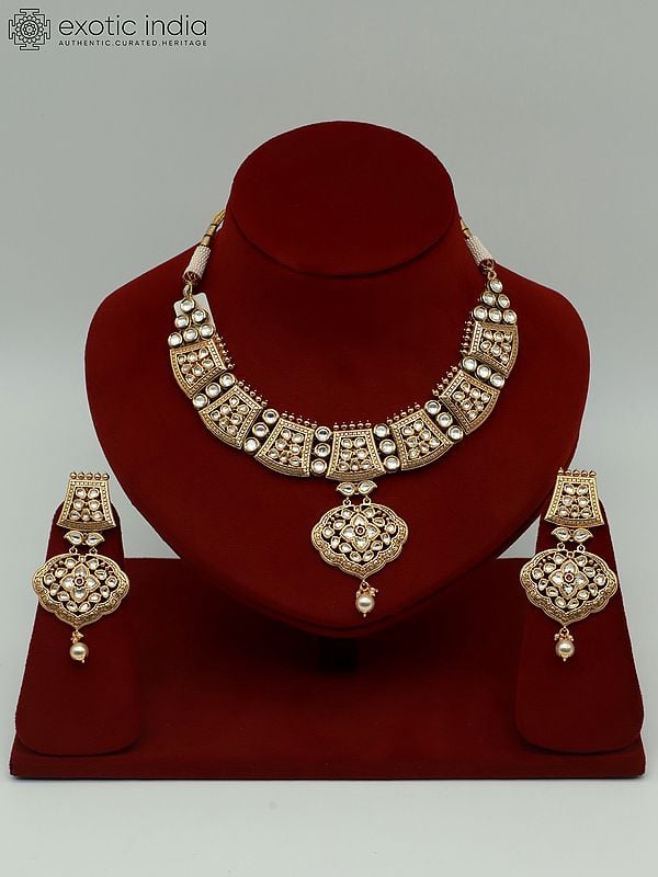 exotic india Stunning Pearl And Kundan Necklace Set With Earrings 
