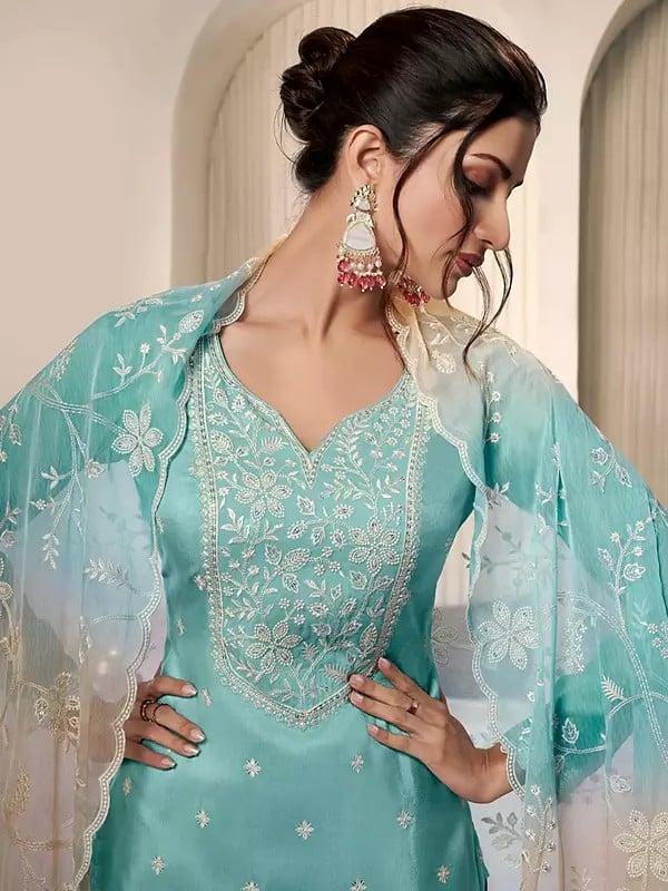 Exotic India Stunning Silk Thread And Sequins Work Festive Wear Salwar Suit With Floral Dupatta