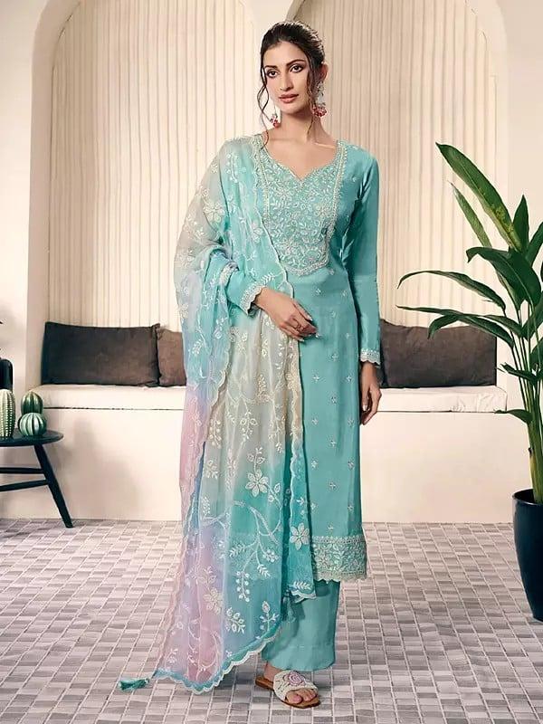 exotic india Stunning Silk Thread And Sequins Work Festive Wear Salwar Suit With Floral Dupatta 