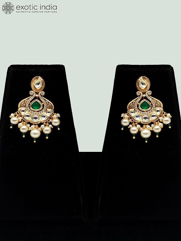 Exotic India Stunning Single Layer Necklace Set With Kundan And Beads Hanging Pendant 