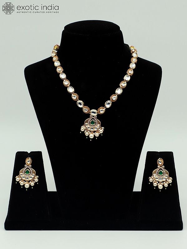 exotic india Stunning Single Layer Necklace Set With Kundan And Beads Hanging Pendant 