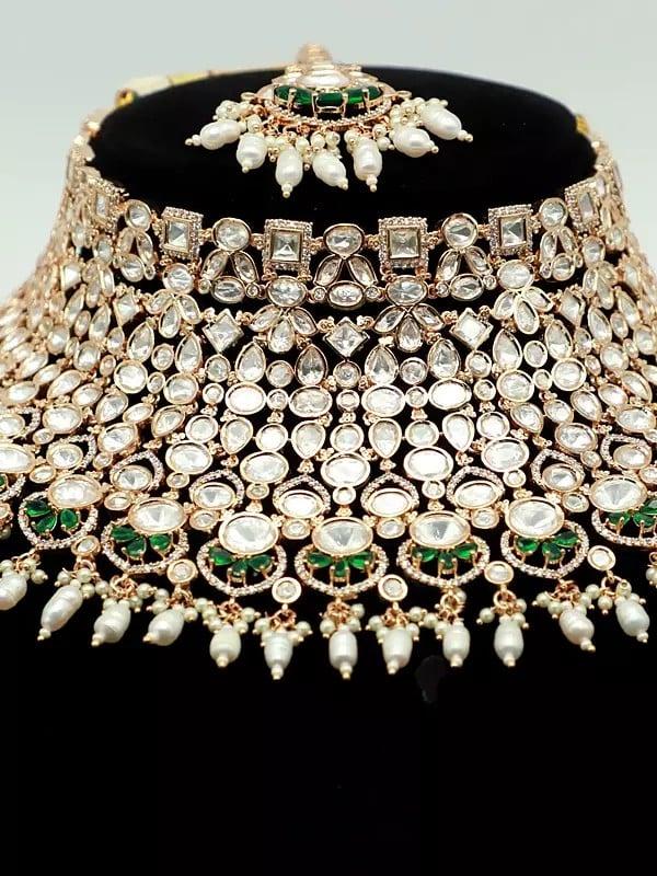 Exotic India Stunning Stone Studded And Beaded Beautiful Design Choker Necklace With Earrings And Mangtika