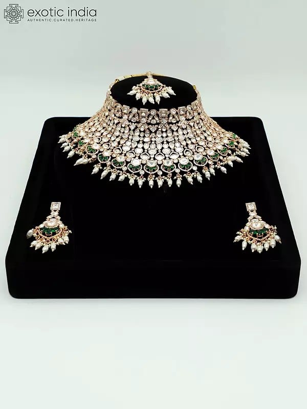 exotic india Stunning Stone Studded And Beaded Beautiful Design Choker Necklace With Earrings And Mangtika