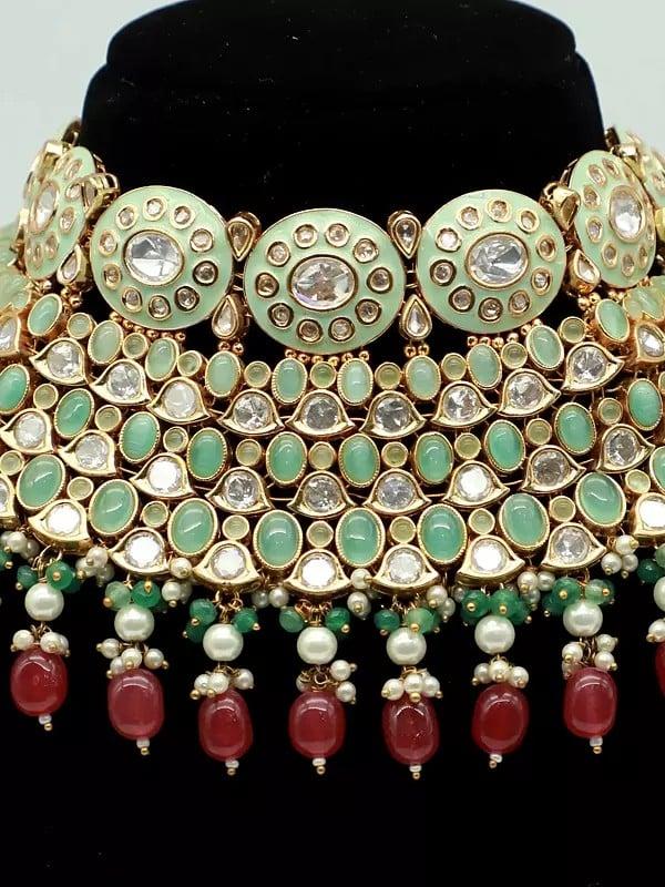Exotic India Stunning Stone Studded And Beaded Embellished Choker Necklace With Earrings And Mangtika 